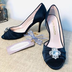 Caparros I Navy Silk Jeweled Peep Toe Heels